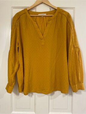 LOFT Mustard Yellow Swiss Dot Embroidered V-Neck Boho Blouse Size XXL